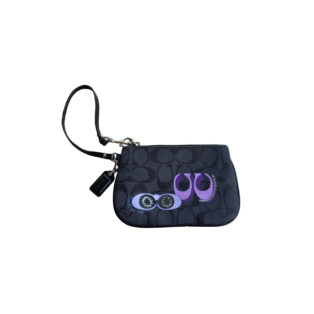 Coach Signature C Optic Jacquard Wristlet Black Canvas Purple Graphic Logo